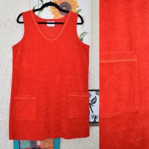 90s neon red terry cloth beach cover up mini dress (M)